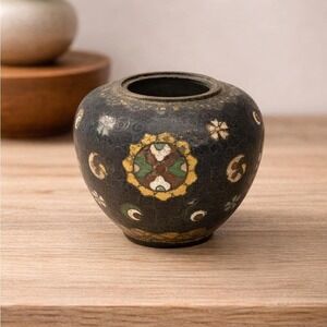 Vintage Cloisonne Mini Vase Black Floral Enamel 2.5" Collectible